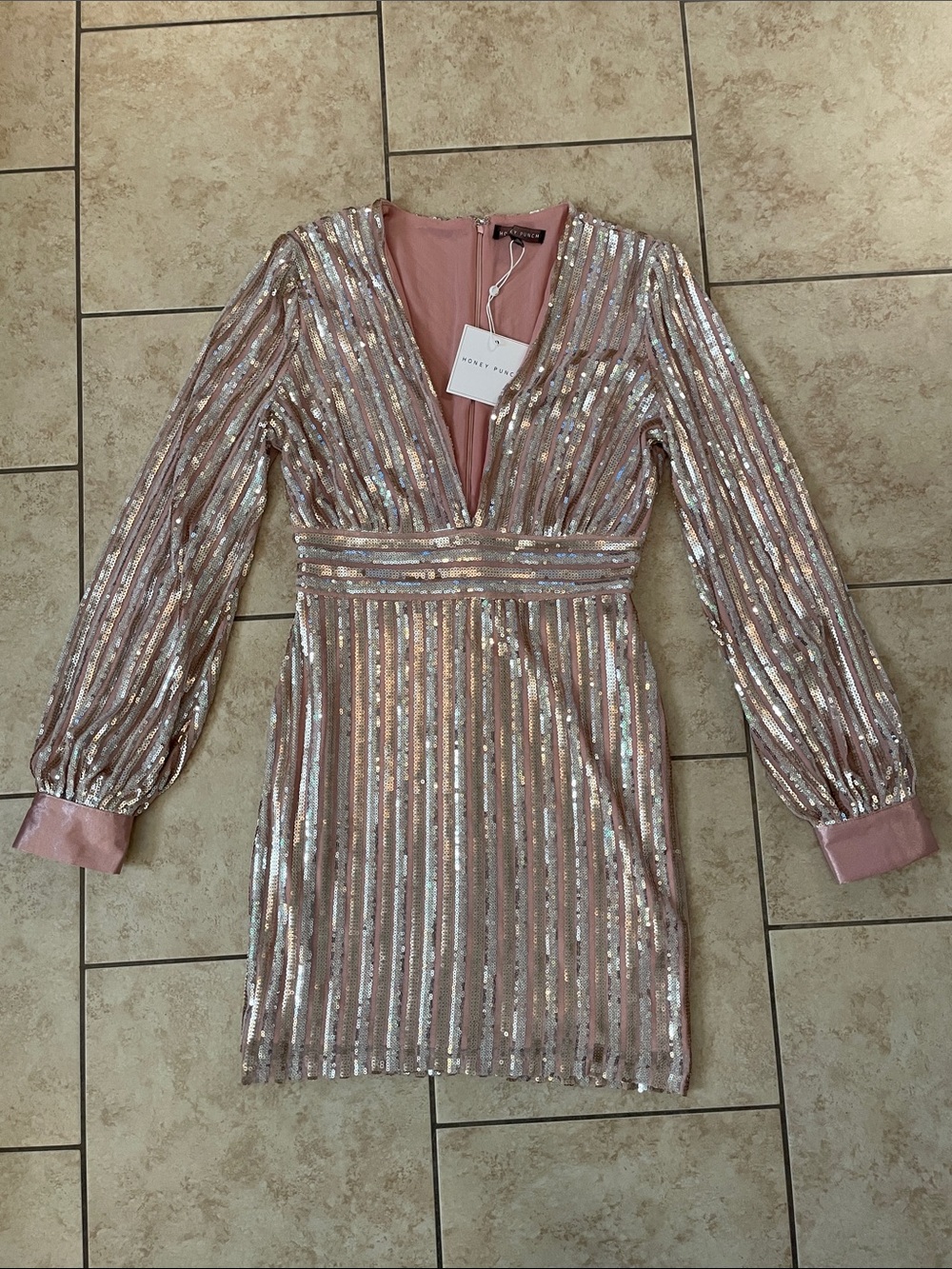 Honey Punch Rose Gold Sequin Long Sleeve V-Neck Mini Dress